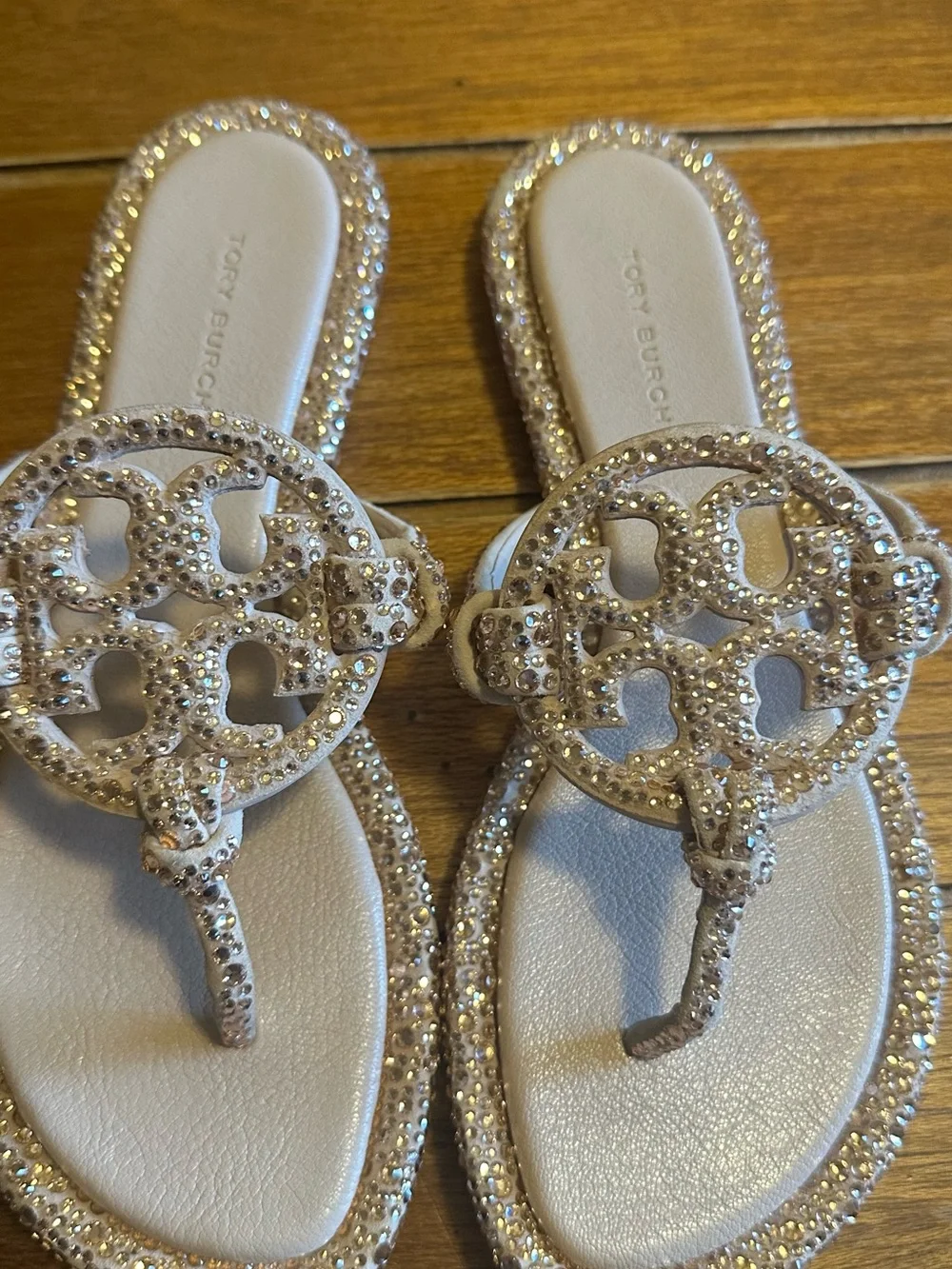 Tory Burch Crystal-Embellished Ivory/Gilded Miller Thong Sandals